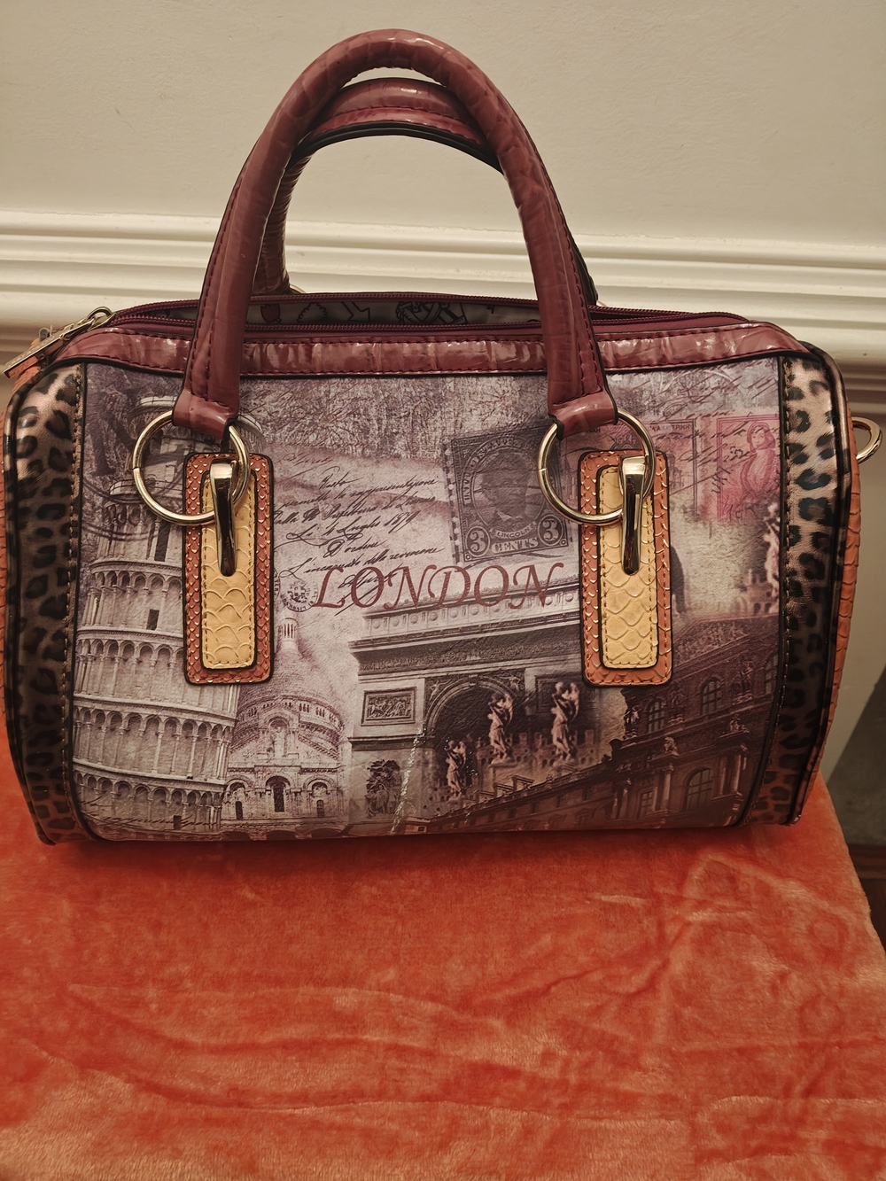 Nicole Lee London Print Dome Satchel - Maroon, Tan & Gold Accents - Picture 9 of 9